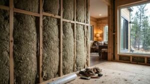 Mineral wool insulation batts installed in stud walls of a tiny house with vapor barrier roll and carpenter tools on subfloor