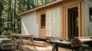 Spray foam insulation and rigid foam board installation on timber-framed tiny home wall under construction in a forest 