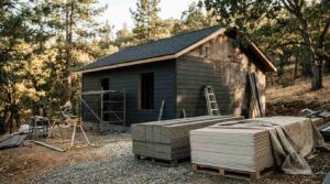Installation of dark fire-resistant fiber cement siding panels on detached ADU in wooded area
