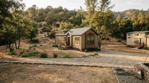 Park model tiny homes with metal roofs situated on cleared gravel pads in a rural wooded hillside