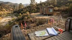 Topographic hazard map, site blueprints, and survey equipment laid out on a pickup truck tailgate overlooking a park model home sited near a dry wash basin in a fire-prone, mountainous rural terrain.