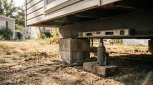 Hydraulic bottle jack and spirit level propping steel chassis beam over concrete cinder block foundation to level a park model home
