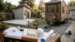ADU permit approval documents, blueprints, and house keys on table comparing concrete slab ADU to moveable tiny home