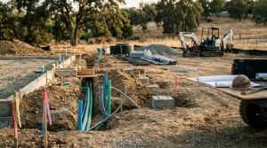 Active construction site showing concrete foundation footings, utility trenches with color-coded conduit pipes, an excavator, and site plans laid on a truck bed.