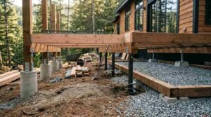 A detailed technical construction view comparing three distinct deck foundation methods side-by-side beneath a freestanding wooden deck frame next to a cabin: poured concrete sonotube piers with steel post bases on the left slope, driven helical screw piles in the center, and surface concrete deck blocks on a tamped gravel bed on the right. Stacks of lumber, framing brackets, a spirit level, and excavation tools lie nearby across the sloped forested site.