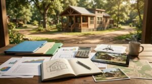 A porch workspace desk laid out with financing folders, financial charts, a calculator, an open architectural sketch notebook, a tablet displaying cabin renderings, house keys, and a steaming coffee mug overlooking a park model community setting.