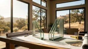 Cutaway cross-section glass samples demonstrating double-pane and triple-pane insulated glazing units (IGUs) with warm-edge spacers resting on architectural blueprints alongside a measuring tape, color swatches, and rolled plans on a wooden table inside a sunlit park model home overlooking oak hillsides.