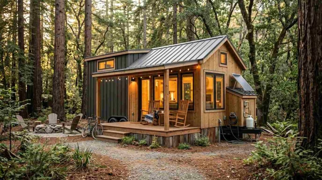 A modern park model tiny home with natural wood siding, dark metal roof, and a front porch situated in a tranquil redwood forest setting.