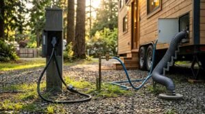 Tiny house on wheels hooked up to RV park utility pedestal with shore power cable, water hose, and sewer drain