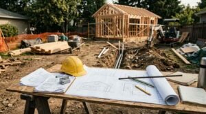 Contractor blueprints and yellow hard hat on wooden sawhorses overlooking ADU wood framing and utility trenching