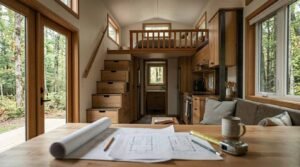 Architectural blueprints and drafting tools laid out on a wooden dining table overlooking the modern open-plan interior of a tiny home, featuring storage stairs leading to a sleeping loft, a built-in kitchen, and natural wood finishes.