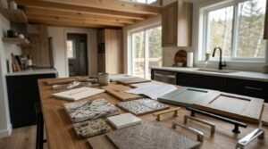 A kitchen island workspace arranged with design samples, including marble and quartz stone slabs, tile samples, cabinet door fronts (sage green and light oak), hardware pulls, architectural drawings, a tape measure, a notepad, and a coffee mug inside a modern park model tiny home interior.