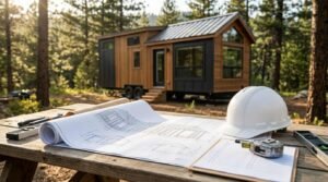 Framing blueprints, an inspection checklist on a clipboard, measuring tools, and a white hard hat arranged on an outdoor wooden table in front of a modern park model cabin in a pine forest setting.