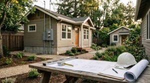 Architectural blueprints, clipboard, level, and hard hat on outdoor picnic table facing a craftsman-style backyard ADU