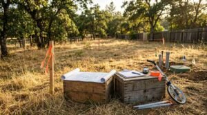 Survey stakes, measuring wheel, blueprints, and utility stub-outs marking land requirements for building on a rural lot