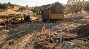 Active grading and site-prep scene showing a park model home set on temporary blocks and jacks, with an optical level tripod, an excavator, survey stakes with pink and orange ribbon, and exposed plumbing/conduit trenches in the foreground on a rural hillside plot.