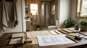 n architectural planning table set in the foreground displaying printed floor plan schematics, textured tile samples, brushed brass fixture hardware, wood flooring planks, and drafting tools. In the background, an open doorway reveals a fully staged park model bathroom featuring natural wood walls, a vanity with mirror, a toilet, a glass-enclosed shower, and decorative indoor plants.