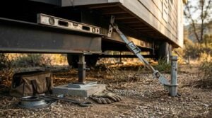 Close-up of a manufactured home chassis setup featuring a spirit level on a steel I-beam, an adjustable leveling jack on a concrete footer, a ground auger anchor with a tie-down strap, and tools on the ground.
