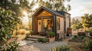 Modern wood-clad tiny home with front porch seating, garden beds, and string lights at sunset