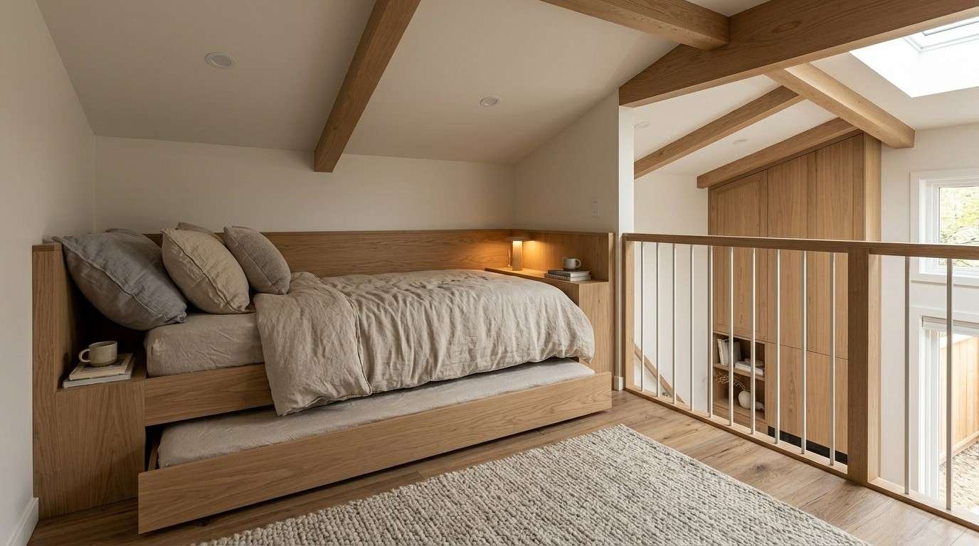 Cozy loft bedroom featuring natural wood plank flooring, a built-in wooden bed frame, neutral bedding, exposed ceiling beams, a soft textured area rug, and a wooden railing overlooking the lower level.