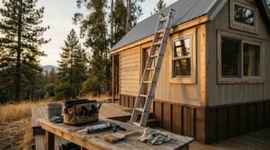 Maintenance tools, caulking gun, and extension ladder set up on deck for tiny home exterior roof and siding upkeep