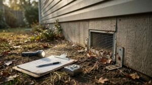 Home inspection checklist on a clipboard with a pen, flashlight, and measuring tape laid out on the ground in front of a screened foundation crawlspace vent during exterior property maintenance.