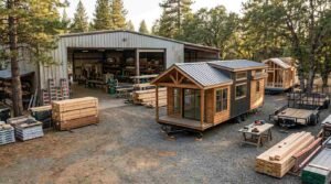 Overview of a manufacturing facility yard showing a finished wood-and-metal park model home parked alongside lumber stacks, flatbed trailers, and framed cabins in progress outside an open warehouse workshop.