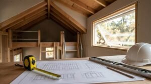 Construction blueprints, tape measure, spirit level, and hard hat in tiny house loft under framing