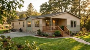 Modern manufactured double-wide mobile home featuring stone skirting, covered front porch, and landscaped lawn
