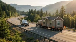 Semi truck transporting a park model home on a mountain highway alongside a pickup truck towing an RV camper trailer