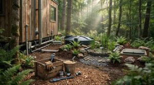 Off-grid wastewater treatment system with septic holding tank, constructed reed bed greywater filter, and exterior cabin plumbing