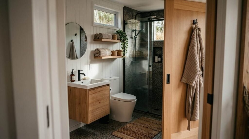 Interior view looking through an open light-wood pocket door into a modern, compact park model bathroom. The space features a floating light-wood vanity with a matte black faucet, a round wall mirror against vertical white shiplap, open floating wood shelves with rolled towels and trailing greenery, a modern dual-flush toilet, patterned floor tile with a woven rug, and a walk-in glass shower with black-framed doors, matte black fixtures, dark textured tile, and a clerestory transom window.