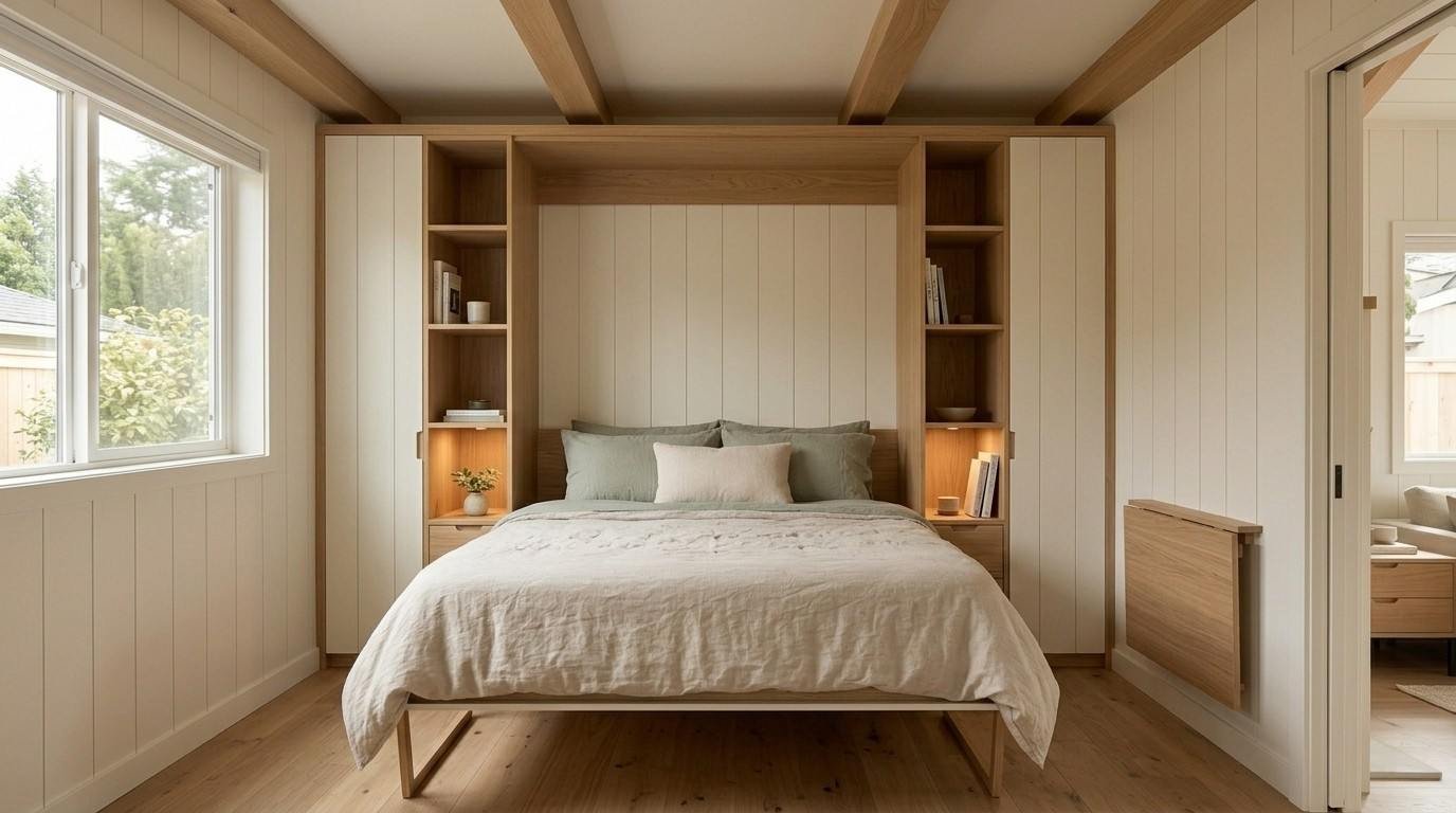 Modern park model home bedroom featuring a queen-size bed, built-in wooden shelving and cabinetry, warm wood ceiling beams, neutral bedding, white paneled walls, and a large window providing natural light.