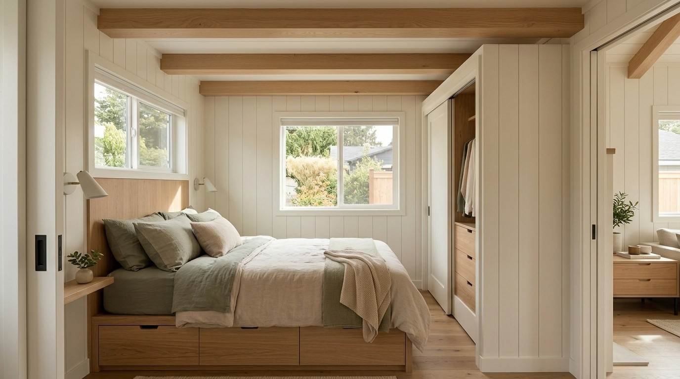 Modern park model home bedroom featuring a wooden platform bed with built-in storage drawers, neutral bedding, white paneled walls, exposed wood ceiling beams, sliding closet doors, and large windows for natural light.