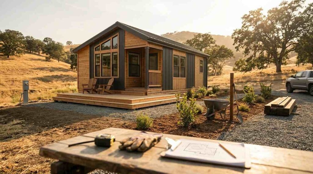 A wooden job site table with blueprints, measuring tape, and work gloves set against a finished park model home featuring an extended front deck, gravel driveway, utility pedestal, landscaping, and lumber stacks on a rolling hillside parcel.