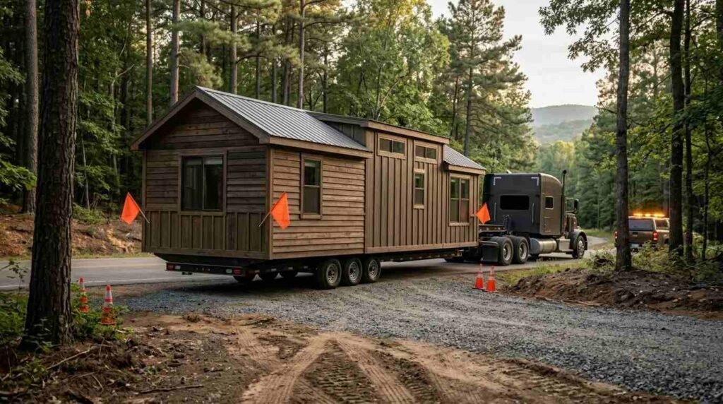 A semi-truck hauling a complete wood-sided park model home with a pitched metal roof, fitted with orange wide-load safety flags, turning from a paved road onto a prepared gravel access road lined with orange safety cones, accompanied by an escort vehicle with amber flashing lights in a wooded mountain area.