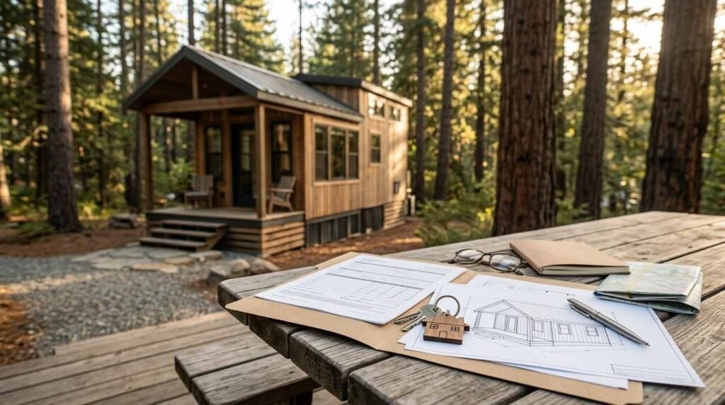 Purchase or inspection paperwork on a clipboard, house keys with a wooden tiny home keychain, architectural blueprints, a pen, eyeglasses, a notebook, and a map laid out on a rustic picnic table in front of a finished wood-sided cabin in a pine forest