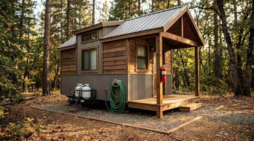 Rustic park model tiny home in pine woods featuring porch-mounted fire extinguisher, propane tanks, and metal siding