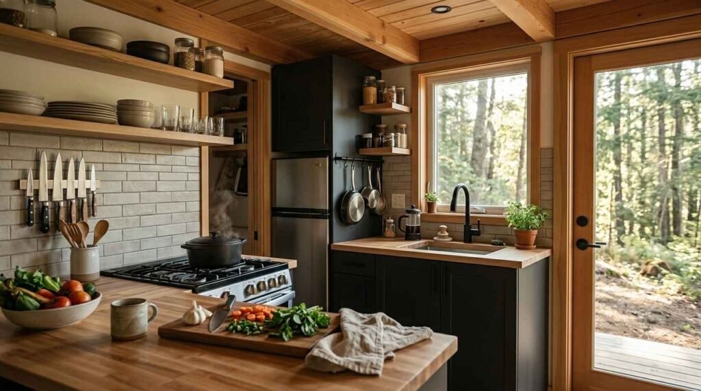 Warm, modern park model cabin kitchen featuring butcher-block countertops, matte black lower cabinets, and exposed timber ceiling beams. The compact, efficient layout includes a stainless steel gas range with a steaming Dutch oven, horizontal subway tile backsplash with a magnetic knife strip, open floating shelving with stacked ceramic dinnerware, an undermount sink with a gooseneck faucet under a picture window, and a full-lite glass exterior door looking out onto a pine forest.