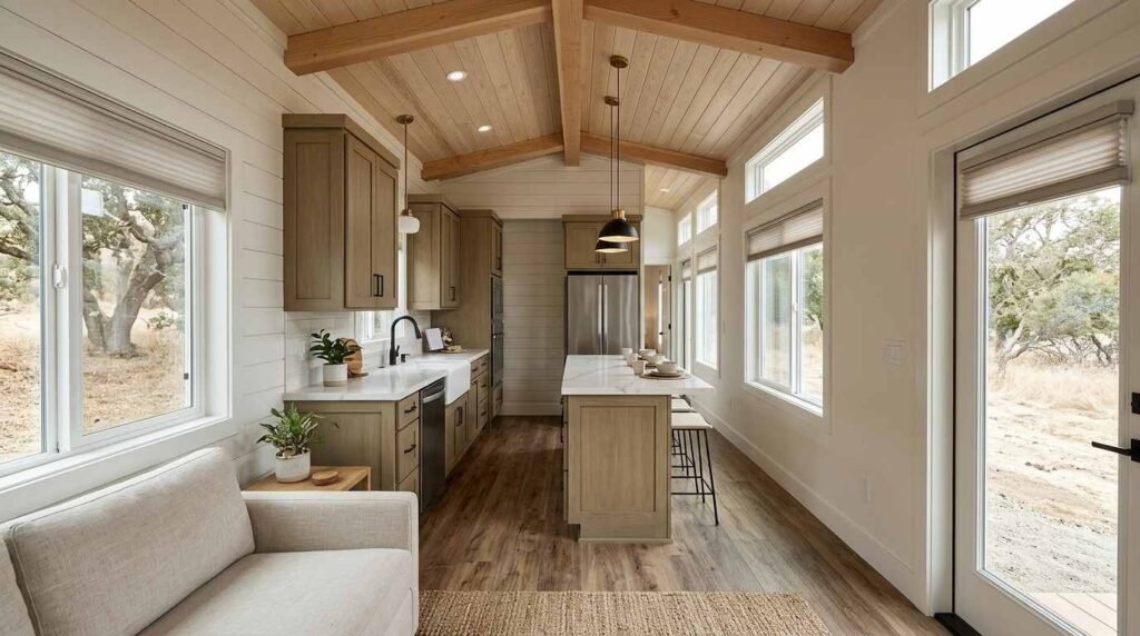 Park model home interior featuring a bright open-plan kitchen with a central island, sage green cabinets, stainless steel appliances, wood ceiling beams, large windows, and a cozy living area.