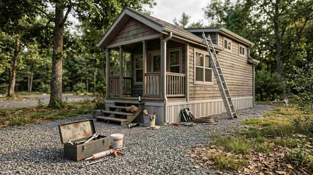 Open toolbox, caulk gun, and extension ladder outside a rustic park model tiny cabin during exterior maintenance and repair