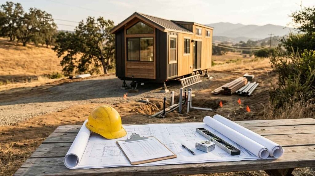 Architectural blueprints, a yellow hard hat, permit forms on a clipboard, and tools set on an outdoor wooden work table overlooking an active park model home installation on a rural hills site