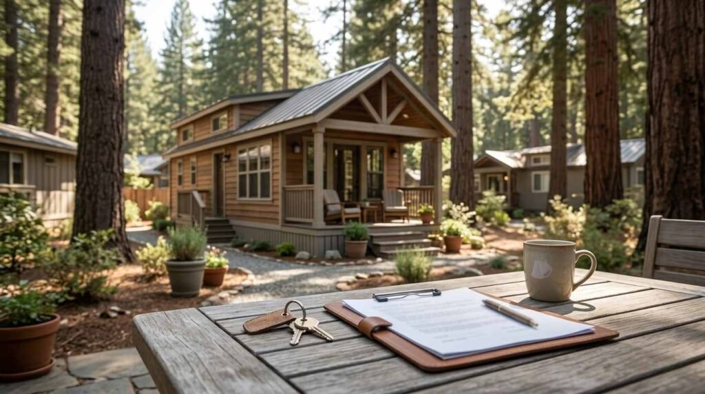 House keys and real estate purchase agreement clipboard on patio table overlooking a park model cabin in a pine resort