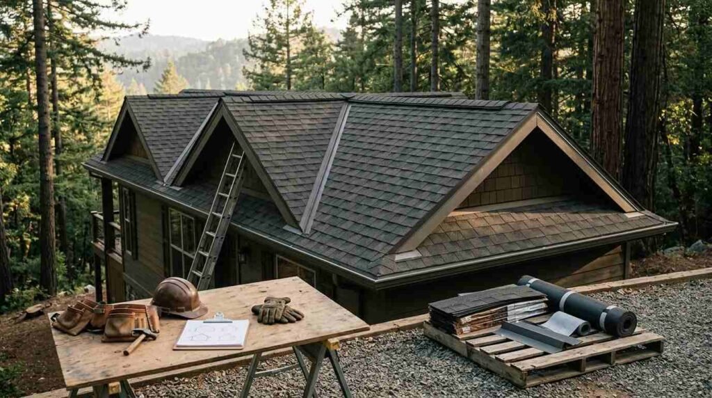 Elevated view of a multi-gable asphalt shingle roof installation on a park model cabin set among pine trees. A sawhorse workbench in the foreground holds roofing plans on a clipboard, a hard hat, leather tool pouches, a hammer, and work gloves, positioned beside a pallet loaded with bundles of asphalt architectural shingles, roofing underlayment rolls, and metal drip-edge flashing.