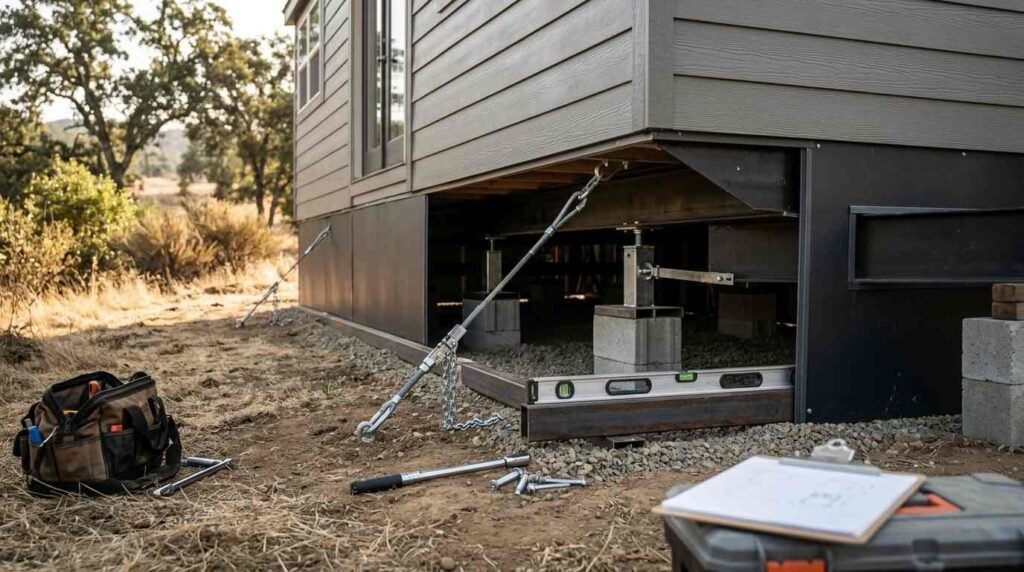 Leveling jacks, tie-down anchor cables, concrete pier blocks, and dark perimeter skirting panels installed underneath a modern park model home during site foundation setup.
