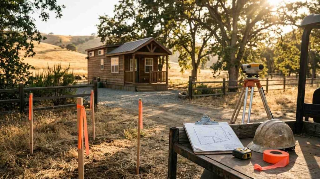 Land survey equipment with an optical level tripod, site boundary stakes with orange flagging tape, and a plot plan on a clipboard beside a hard hat, overlooking a rustic park model cabin on a rural property.