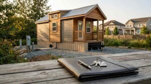 A black leather document portfolio, pen, and house keys with a house-shaped metal keychain resting on an outdoor wooden table in front of a finished park model home installed with neutral skirting on a gravel pad in a residential backyard setting.