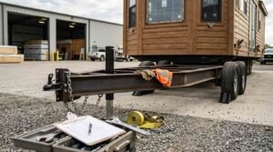 Close-up technical view of a heavy-duty steel I-beam trailer chassis, tongue hitch, coupler, safety chains, and front jack stand supporting a wood-sided park model home outside a manufacturing or staging facility. The setup includes wheel chocks under tandem axles, an open metal technician toolkit, an inspection clipboard checklist, ratcheting transport straps, safety chains, and high-visibility work gloves resting on the tongue frame.