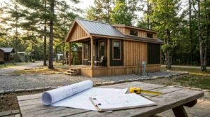 Park Model Homes Classification and Regulation.jpg: Architectural blueprints, measuring tape, and pen on a wooden picnic table overlooking a modern wood-paneled park model home set on a gravel lot within a pine forest community.