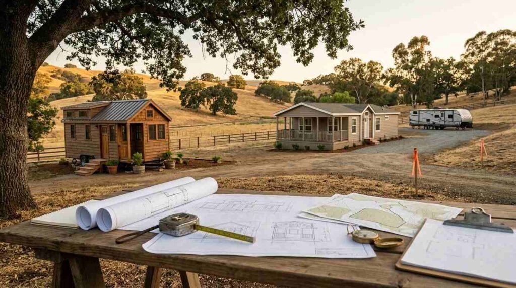 Site development blueprints and tools on workbench overlooking park model cabin, manufactured home, and RV trailer on rural acreage